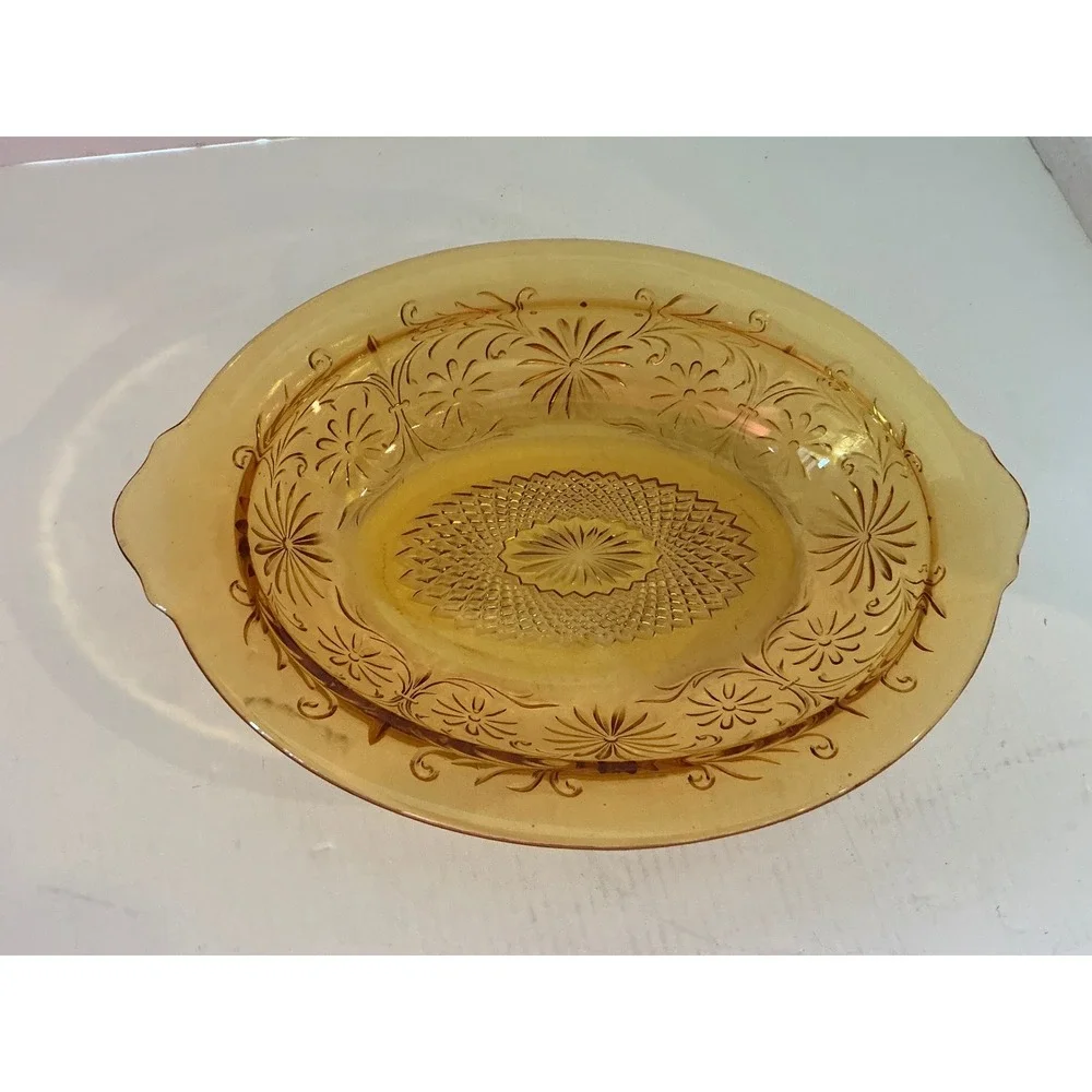Tiara Vintage Amber  Glass Oval Serving Bowl Floral Pattern Sunburst Gold